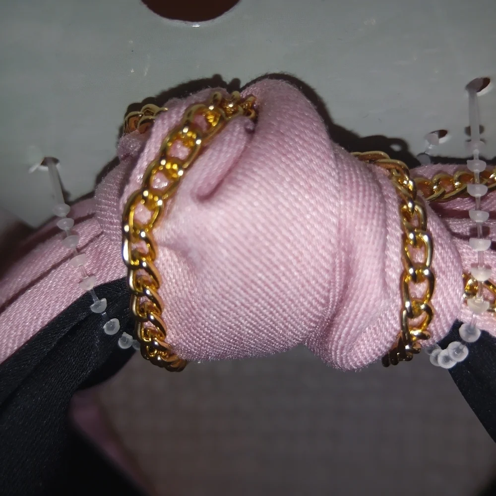 Stylish Denim/ Pink Wide Knot Headband with Gold Chain